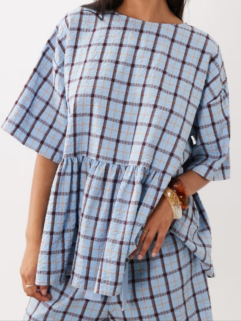 ASOS DESIGN Oversized Short Sleeve Peplum Top In Blue Check - Size 8